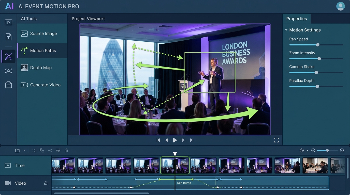  AI photo to video technical process showing motion effects and timeline for AI photo to video events guide
