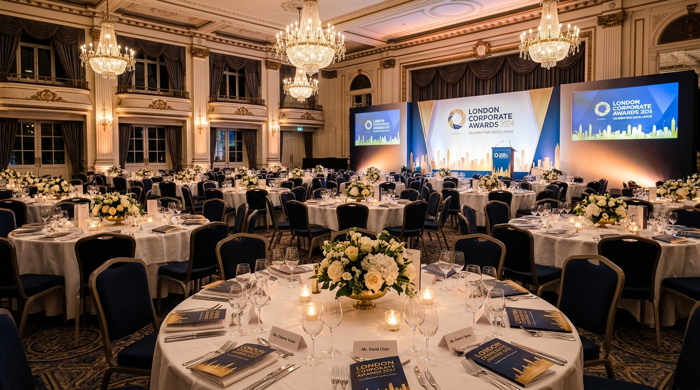  A wide editorial shot of a London hotel ballroom or corporate venue set up for an awards dinner before guests arrive. Round dinner tables with crisp white linen, centrepiece floral arrangements, name placards, branded menus, and polished glassware. The stage at the front of the room showing the full branded set including event logo, backdrop, and podium. Warm atmospheric lighting from chandeliers and table candles. The image communicates the design quality and atmosphere of a premium London corporate awards evening before the event begins. Editorial quality. No people.