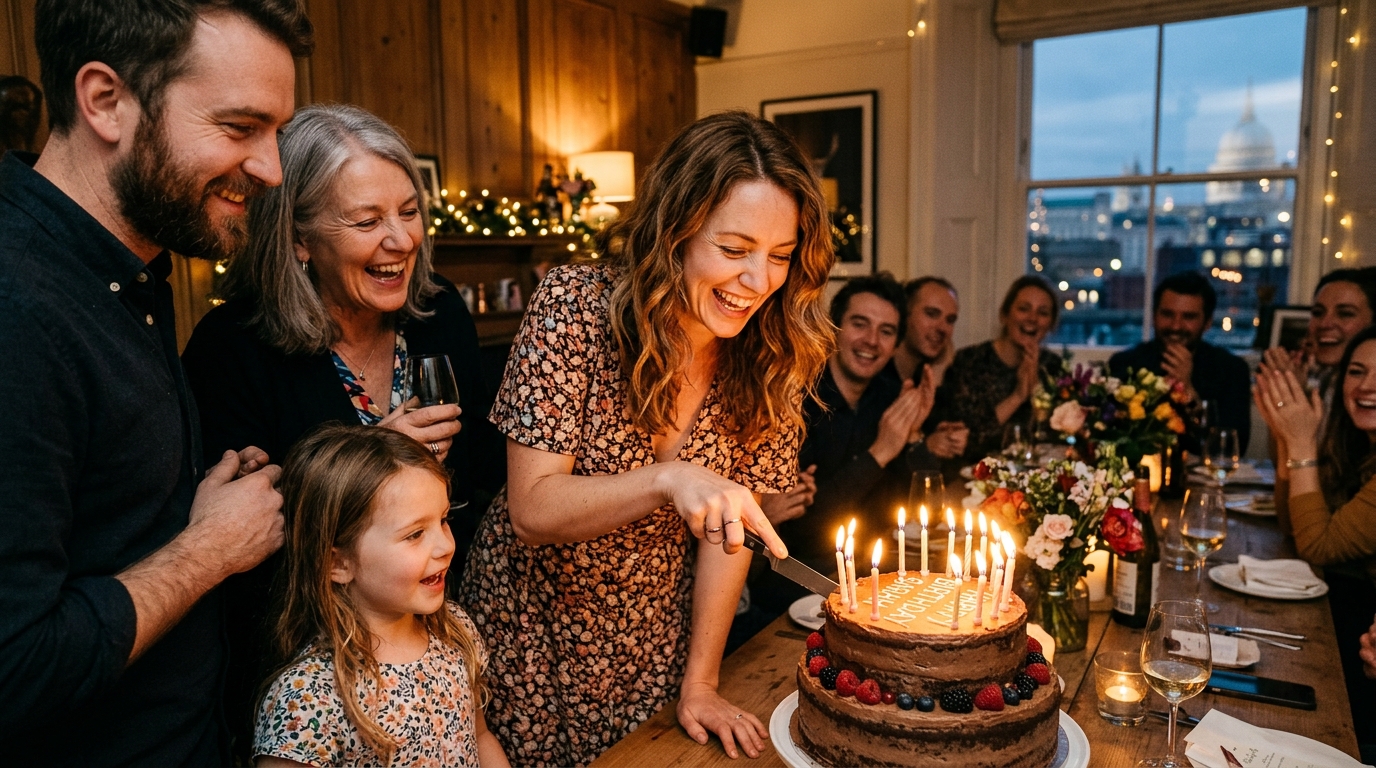 : London birthday party cake cutting moment with genuine joyful reaction for party photography tips for hosts guide