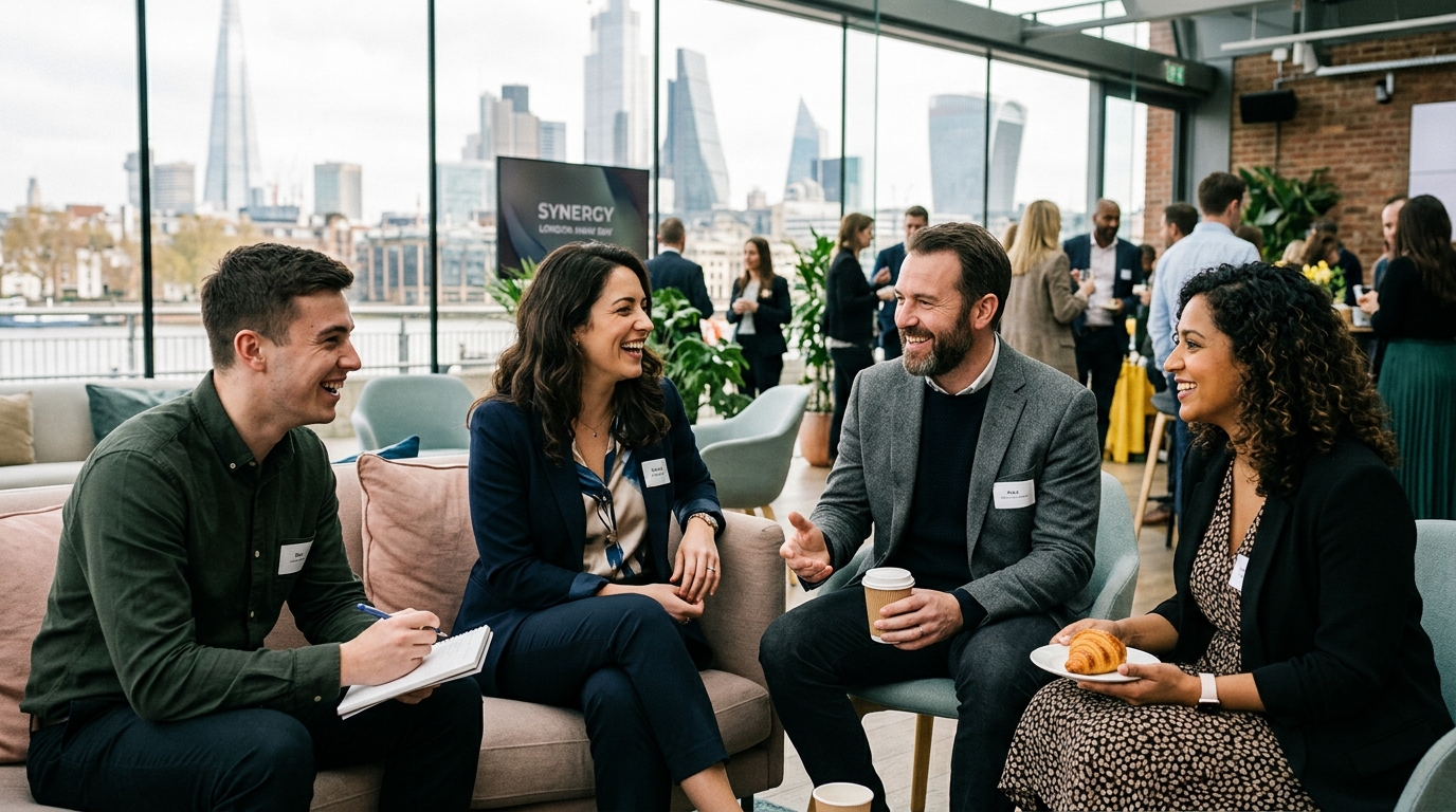 London corporate colleagues in candid interaction at team event for using event photos for recruitment guide
