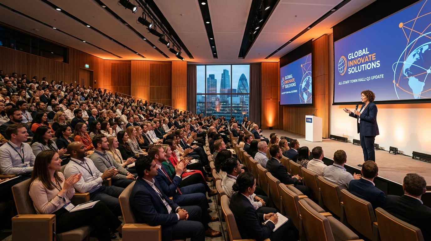 London company all-staff conference or town hall with engaged employees and company branding for corporate event photography brand guide
