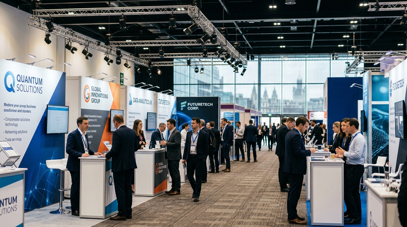  London conference exhibition area with branded sponsor stands and browsing delegates for event photography quality guide