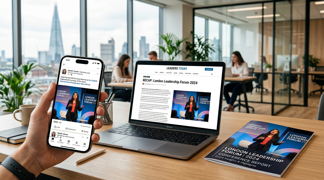  London conference photography being used across LinkedIn website and printed materials for post event photo marketing guide