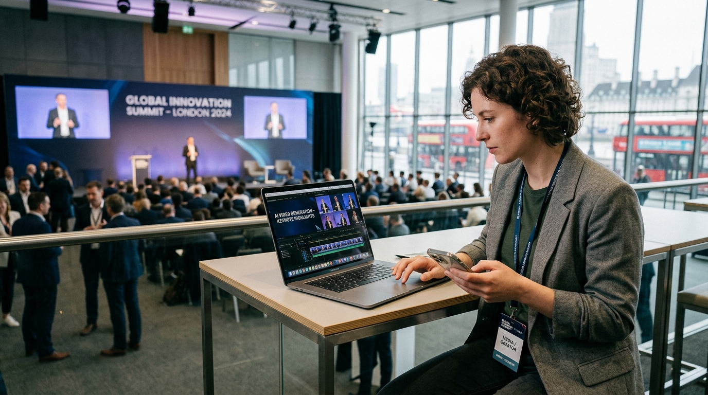 London conference with social media manager preparing AI video content for immediate publication for how AI video works guide