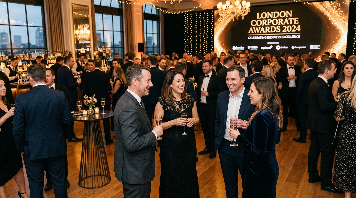  London corporate awards evening drinks reception with guests networking and champagne for awards ceremony photography checklist guide

