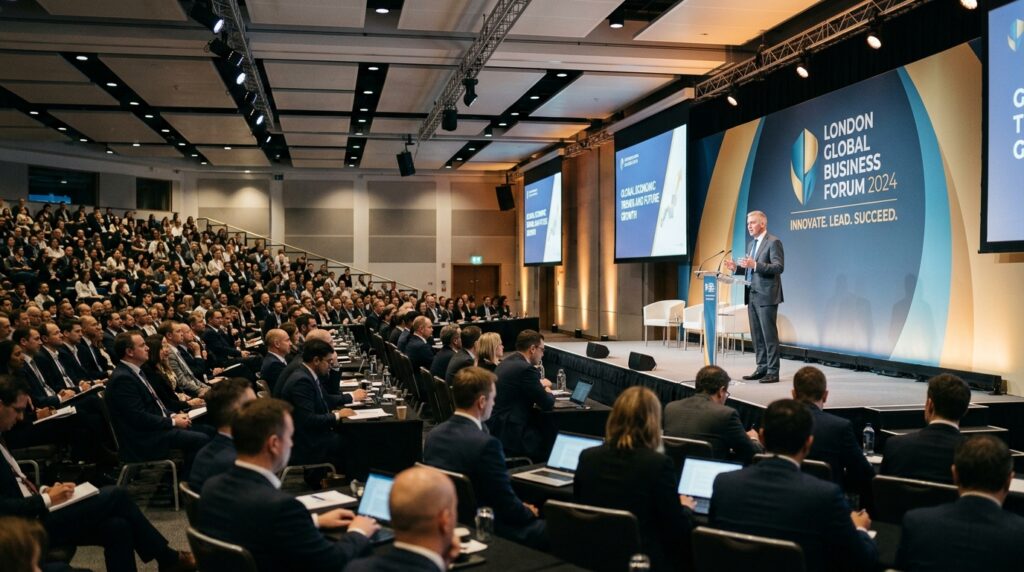 London corporate conference keynote speaker at podium with branded backdrop and full audience for conference photography brief guide