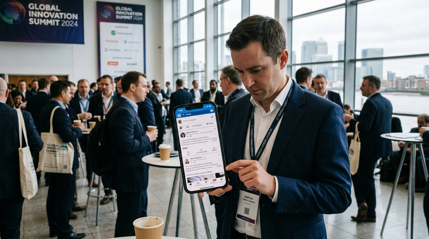 London conference delegate checking phone during networking break for fast event photo turnaround and same day delivery guide