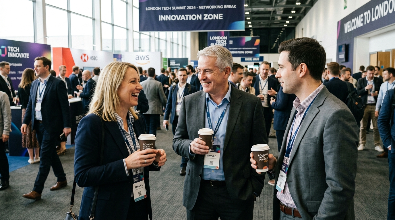 London corporate conference networking moment with delegates in conversation during break for what to tell your event photographer guide