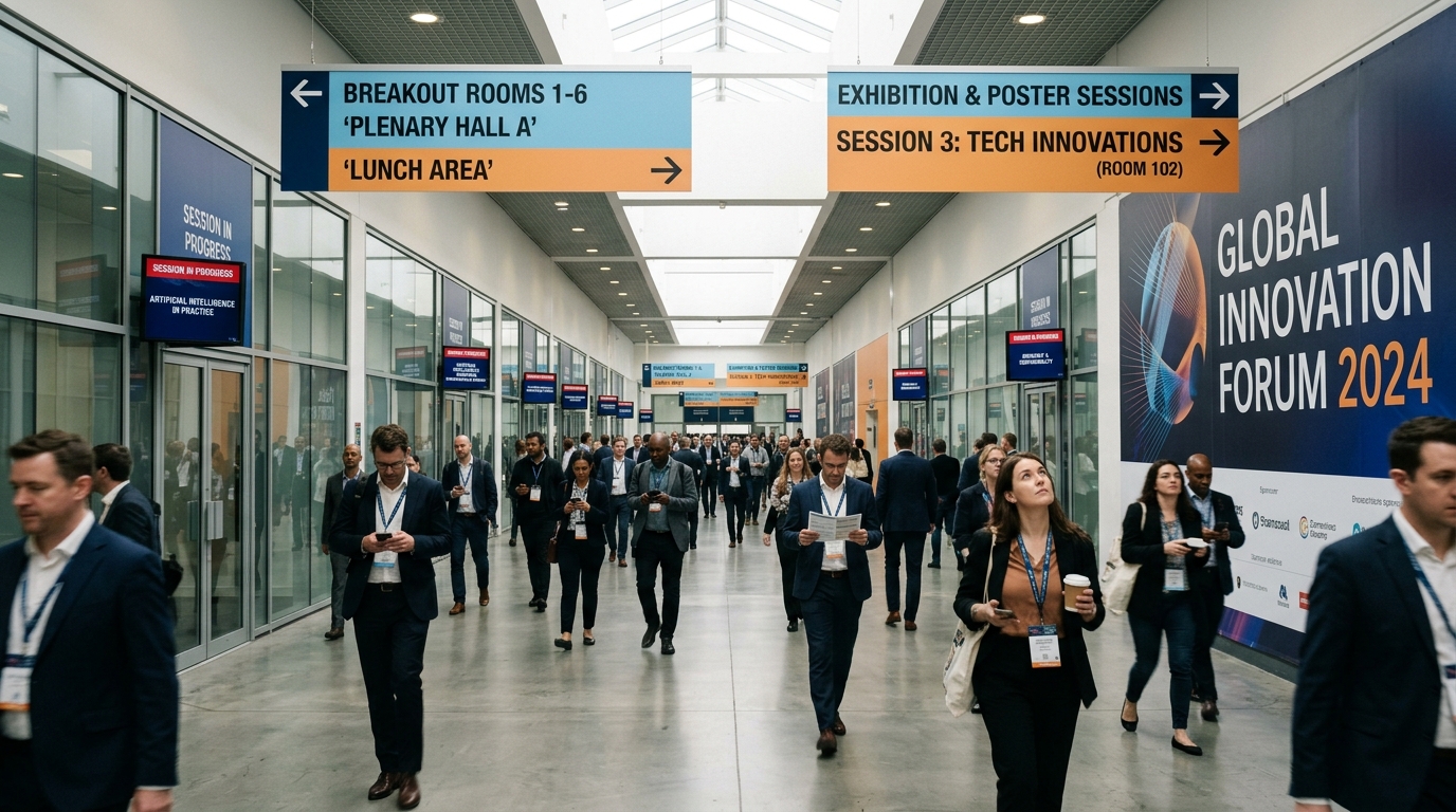 London conference venue corridors with directional signage and delegates moving between sessions for conference photography planning guide