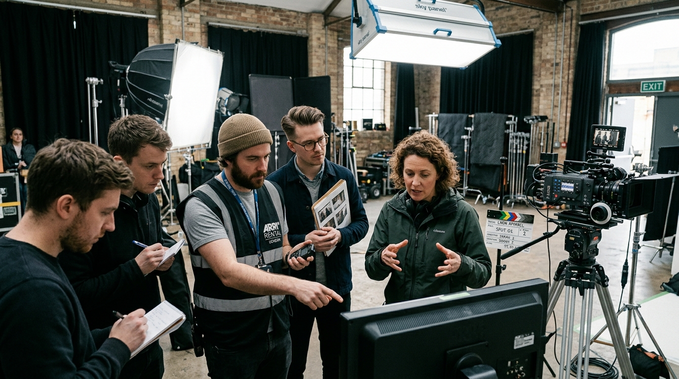 London film production director and crew in creative discussion for BTS photography importance guide