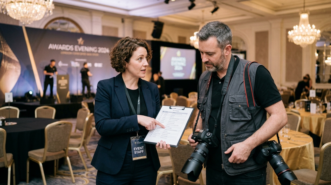 London awards evening on-site coordinator in communication with photographer for awards ceremony photography advice guide
