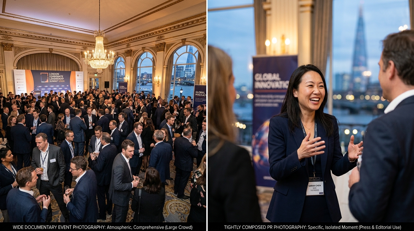 Visual comparison of event photography wide shot versus PR photography single subject editorial image for difference between PR and event photography guide