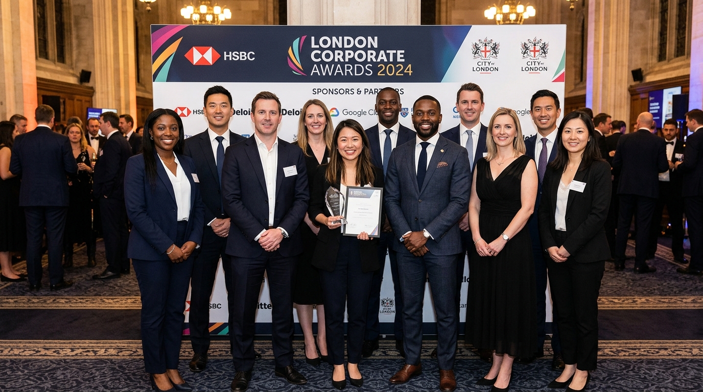 London corporate event well-composed posed group photograph with branded backdrop for documentary event photography comparison guide