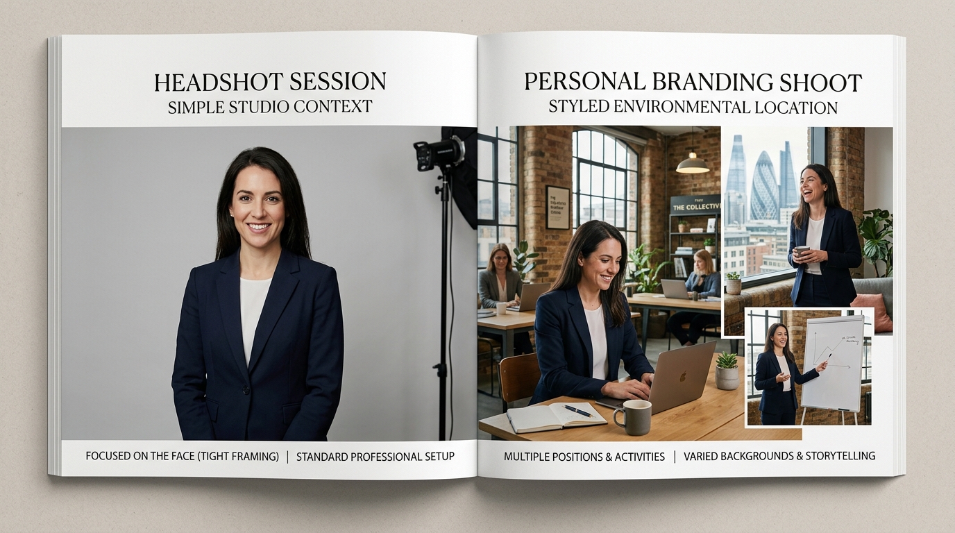 Comparison showing practical differences between headshot session and personal branding shoot for professional headshot or branding shoot guide