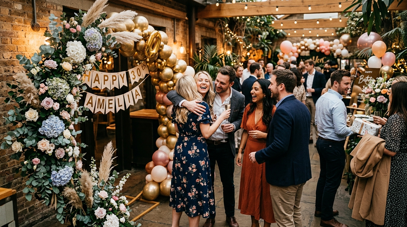 London birthday party early moments with guests arriving and warm venue decor for birthday event photography London guide