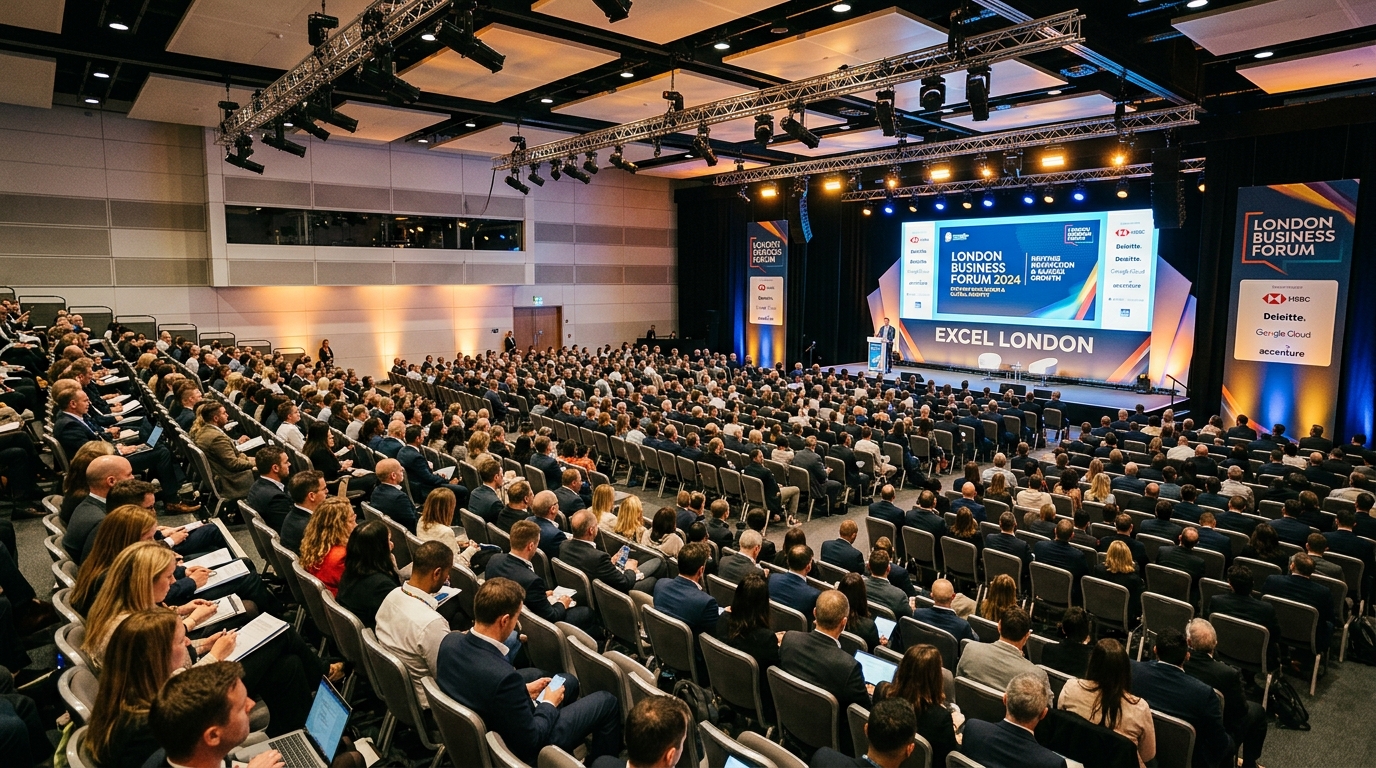 London conference full room with engaged delegates branded stage and large presentation screen for professional conference photography guide