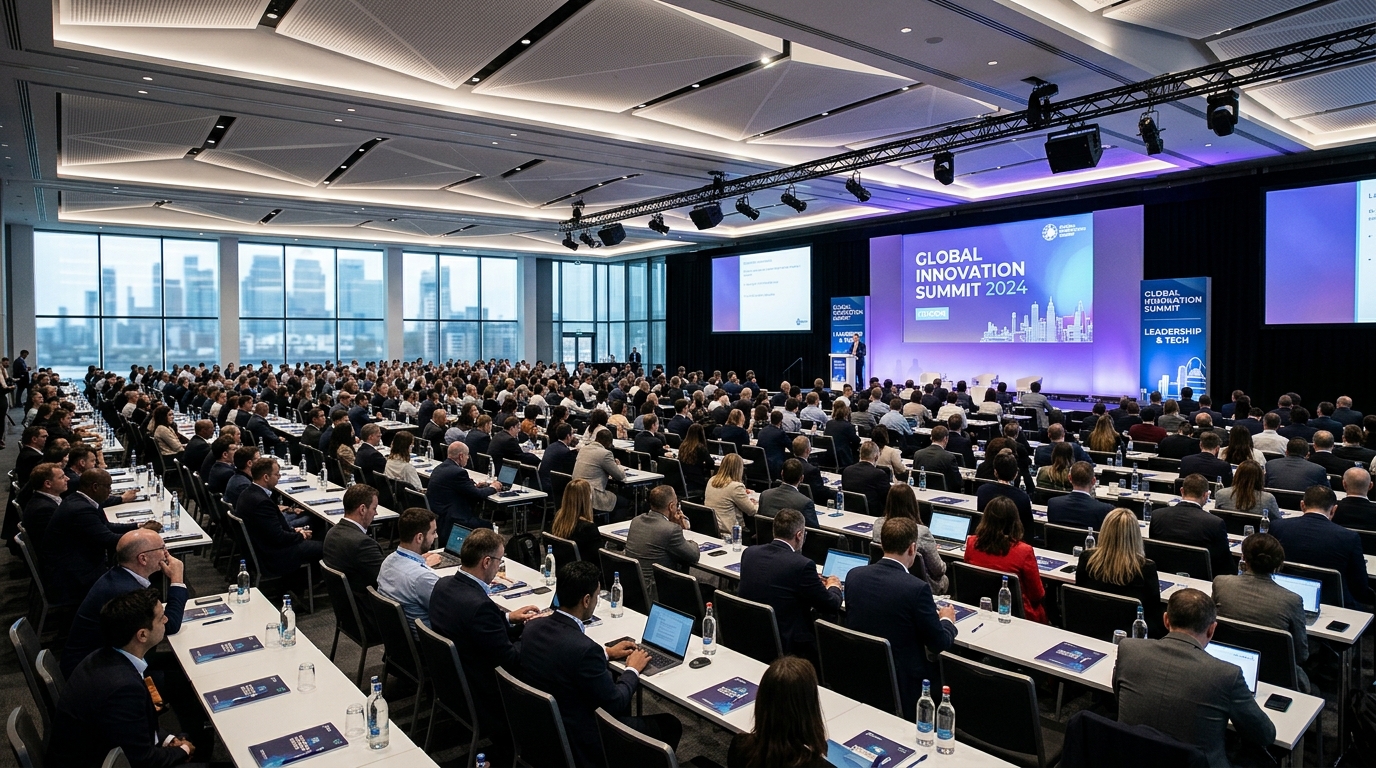 London City conference event full room view with rows of delegates branded stage and presentation screen for conference photography planning