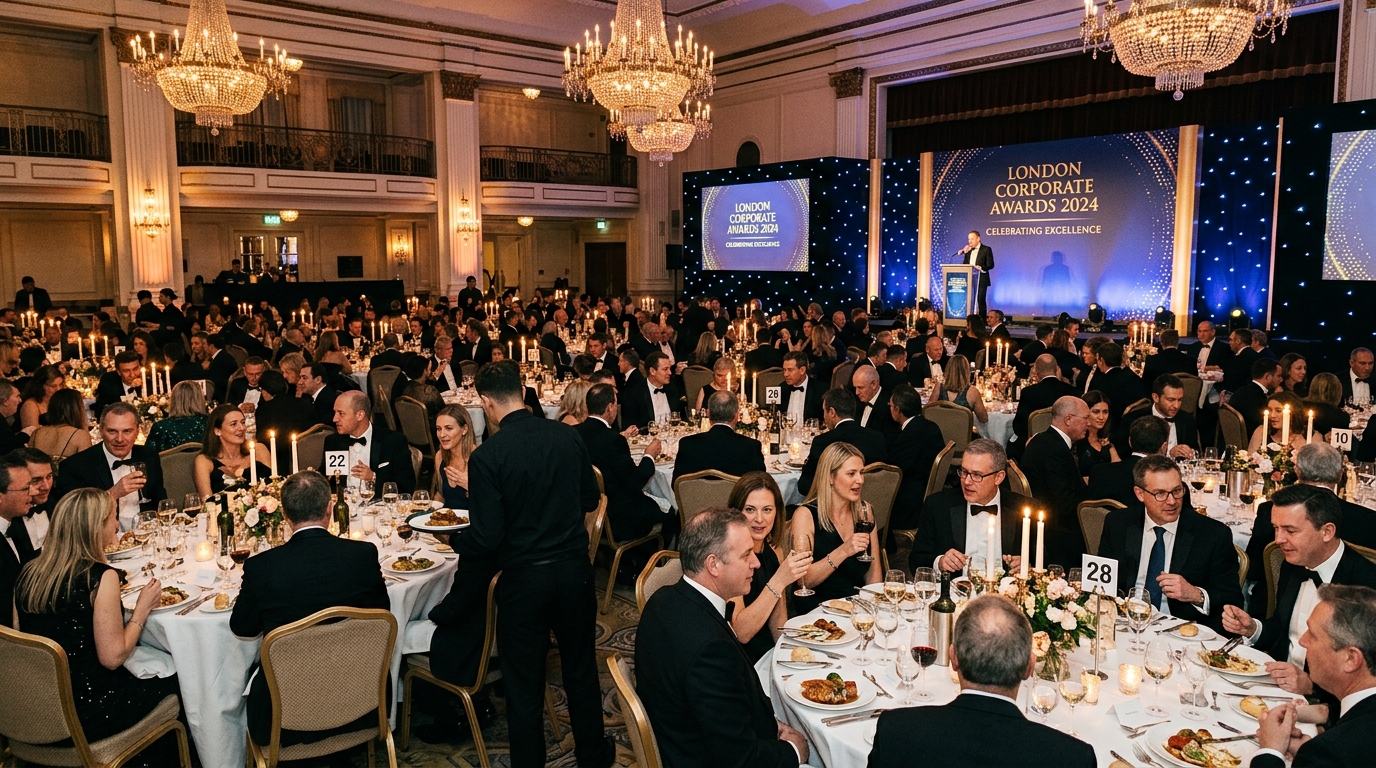  London corporate awards dinner in progress with guests in warm ballroom lighting for corporate awards photographer London guide
