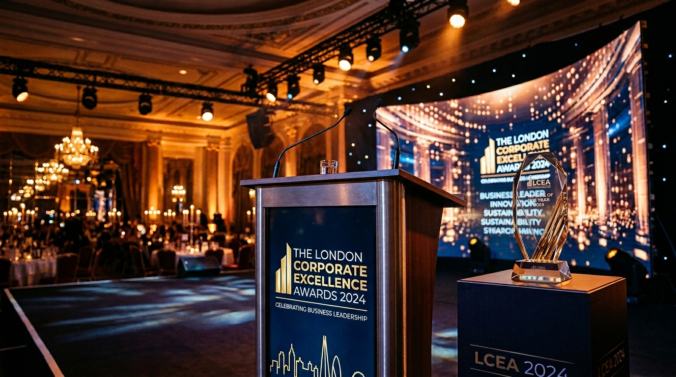  London corporate awards ceremony branded podium and trophy detail with warm stage lighting for getting the best from awards photographer guide