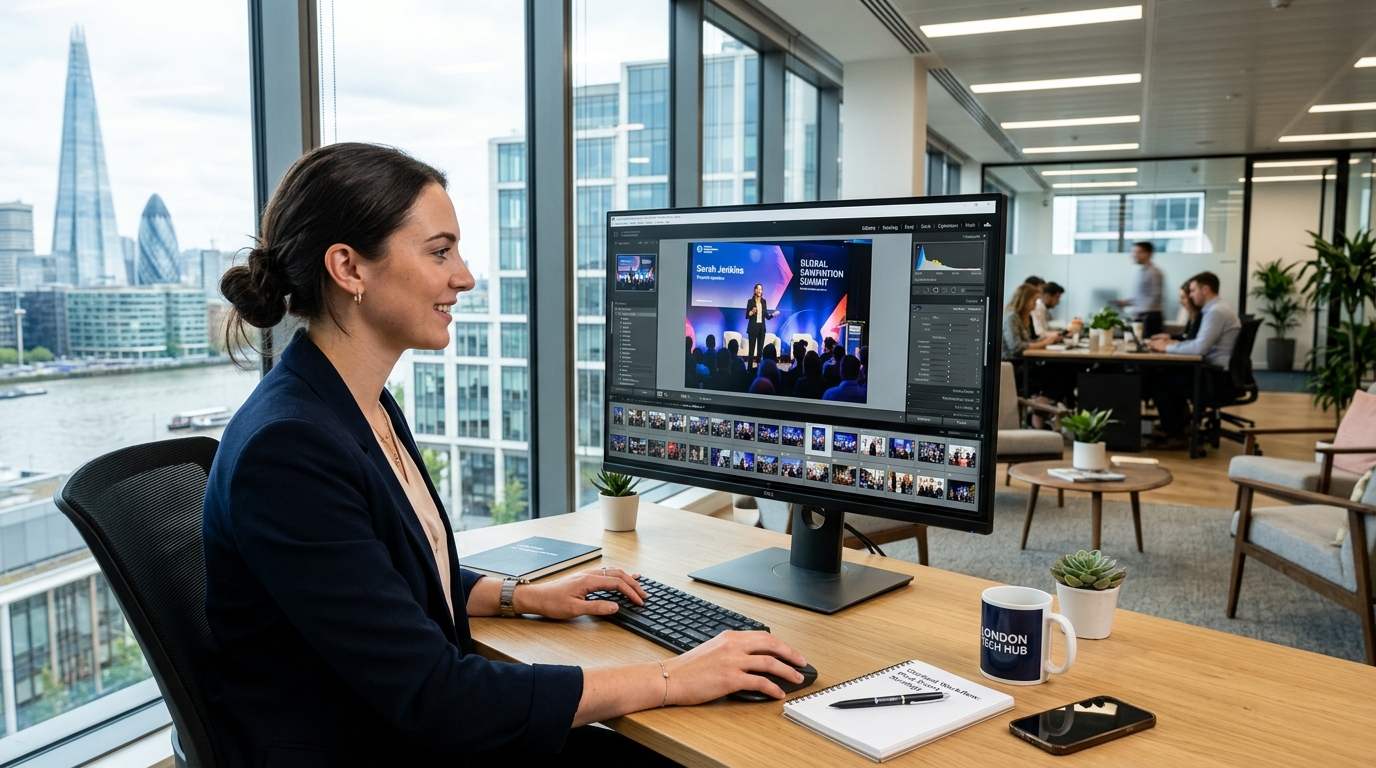 London marketing professional reviewing conference photography on monitor for how to use event photos after conference guide