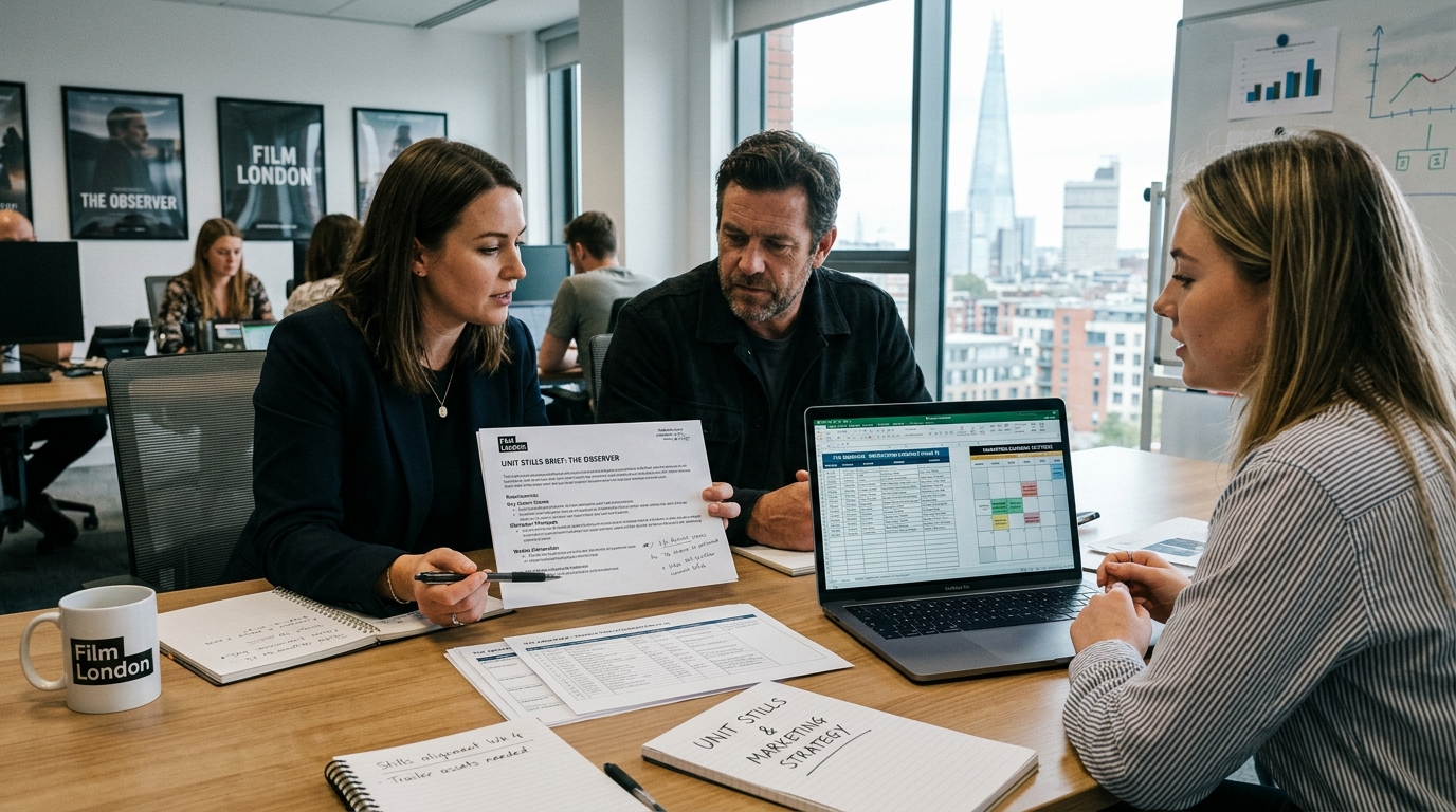  London production marketing team reviewing unit stills brief against marketing calendar for film stills for marketing planning guide