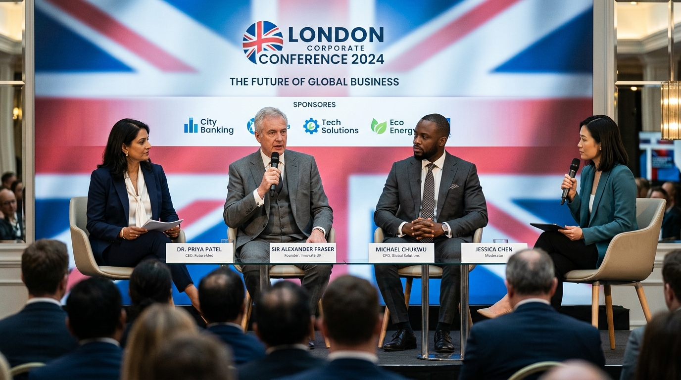 London conference panel discussion with three speakers at branded table and audience in foreground for planning conference photography brief