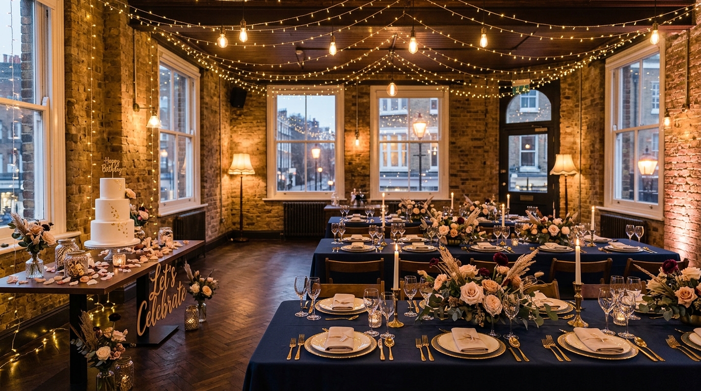 London private party venue with beautiful table settings cake display and warm lighting before guests arrive for birthday party photography preparation guide