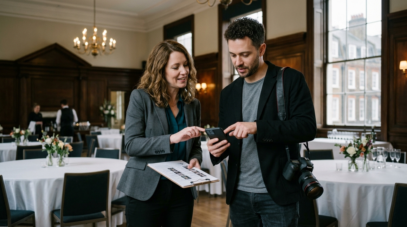 London event photographer in pre-event briefing conversation with client for event photography styles compared guide