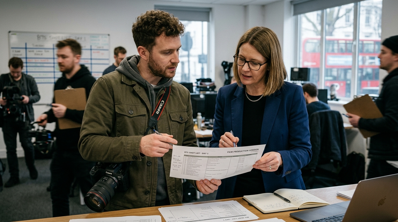 London production BTS photographer in pre-shoot briefing with producer for BTS photography production guide