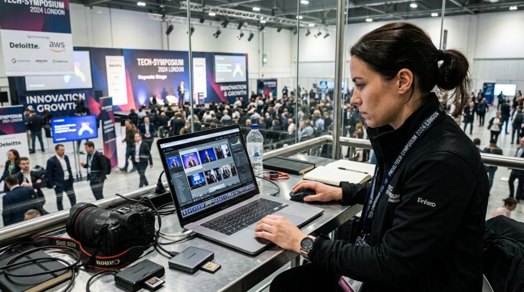 London event photographer editing conference images on laptop on site for same day photo delivery events guide