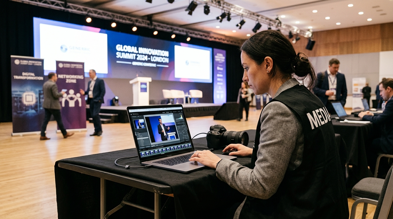 London event photographer editing conference images on laptop on site for same day photo delivery events guide