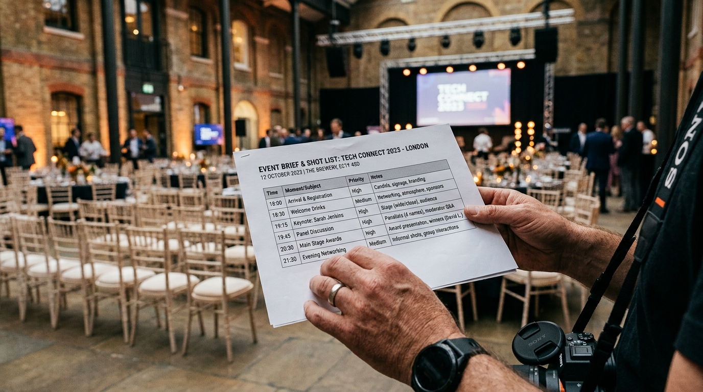 London event photographer reviewing shot list and briefing notes at venue for photographer briefing guide