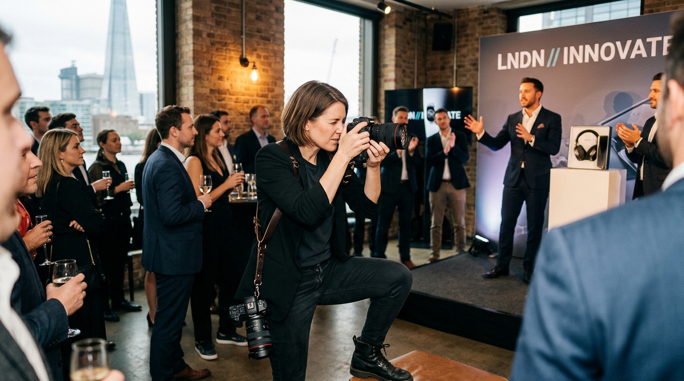  London PR photographer positioning for specific hero shot at brand event for briefing a photographer for PR guide