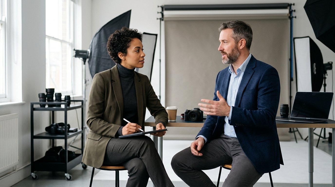 London headshot photographer in pre-session conversation with client for headshot session tips guide
