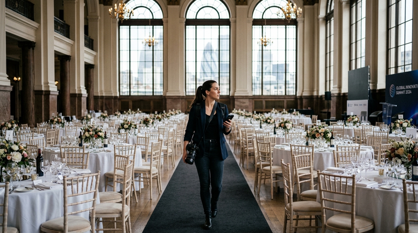 London event photographer on pre-shoot venue walkthrough assessing lighting and positions for preparing for event photographer London guide