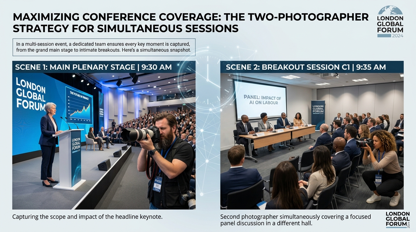  London conference two photographers covering main plenary and breakout sessions simultaneously for event photographer schedule guide
