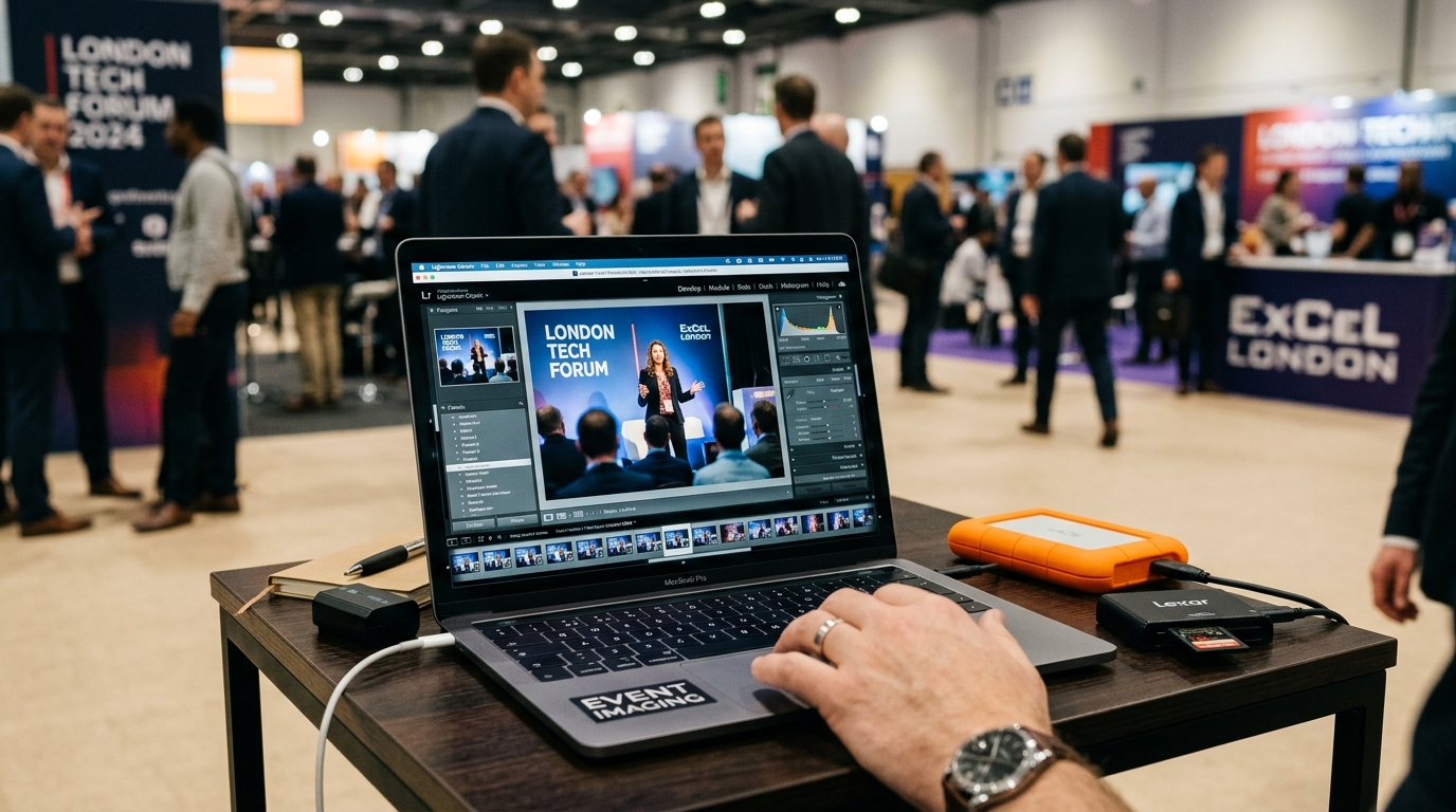 London event photographer mobile editing setup with laptop and photo editing software for same day event photography London guide