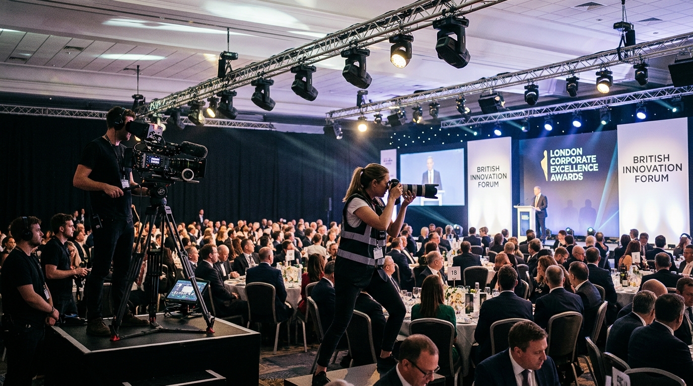  London large-scale corporate event with both photography and video production teams for corporate event photographer vs videographer guide