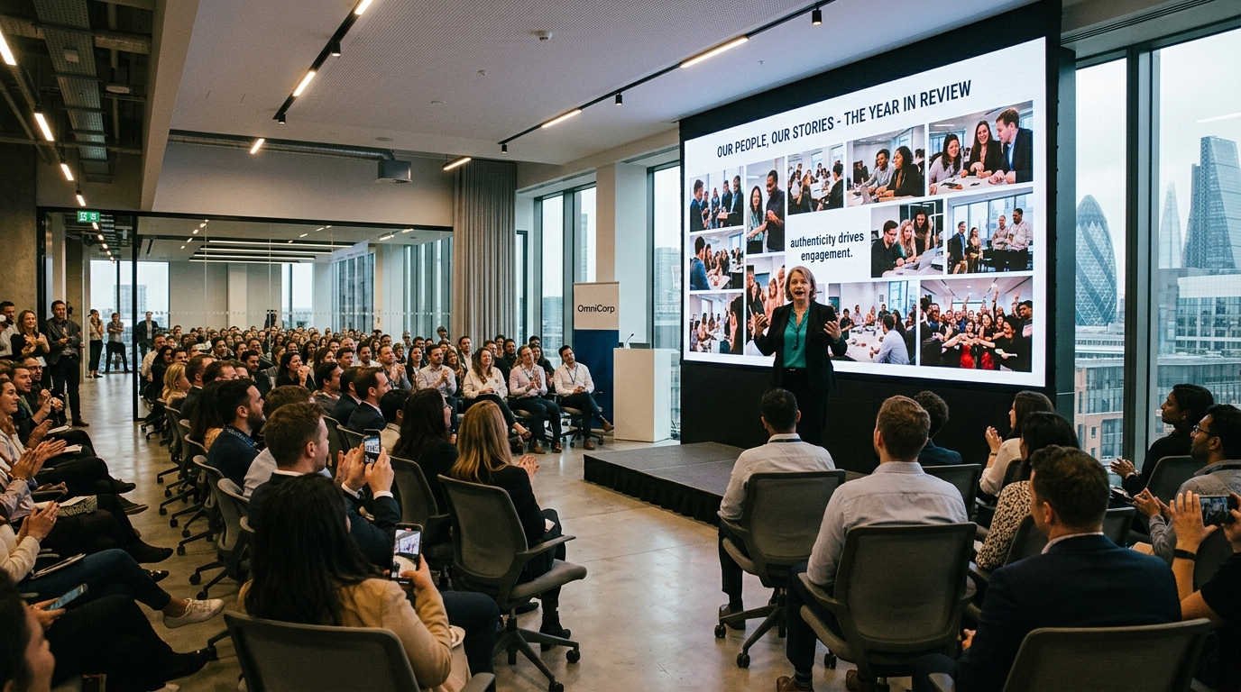 London corporate all-staff presentation with genuine event photography on screen for corporate event photography for communications guide
