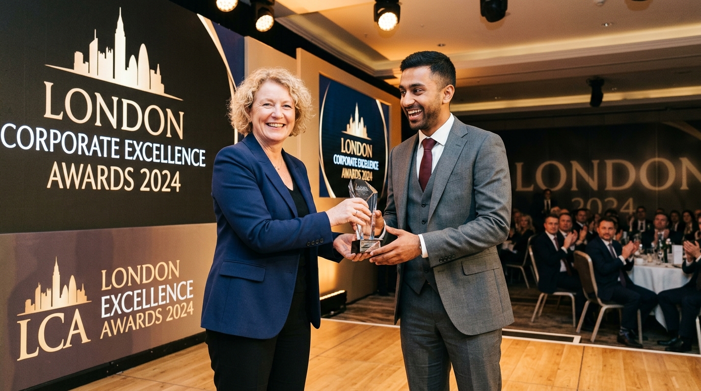 London corporate conference awards presentation moment with presenter and recipient on branded stage for conference photography shot list guide