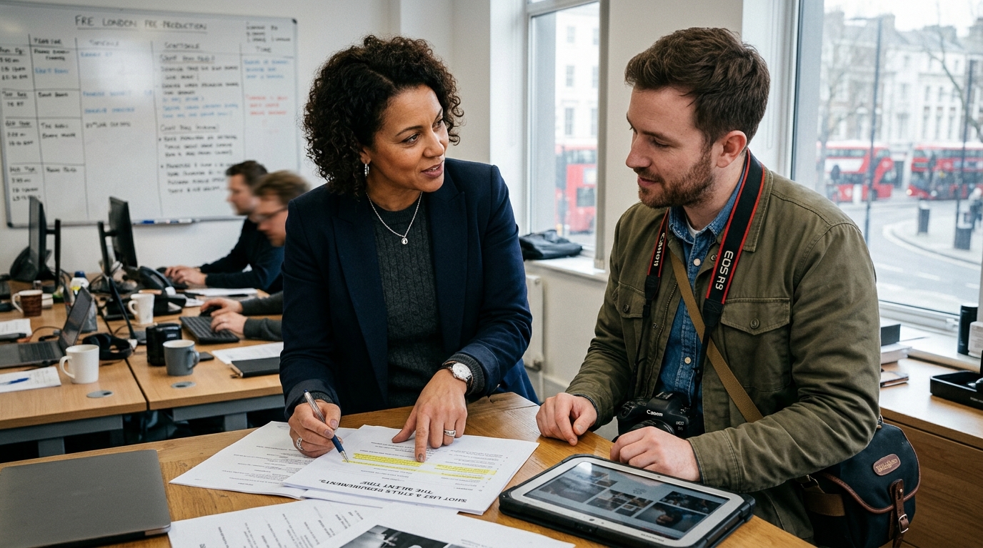 London film producer in pre-production briefing with stills photographer for stills photographer film production guide