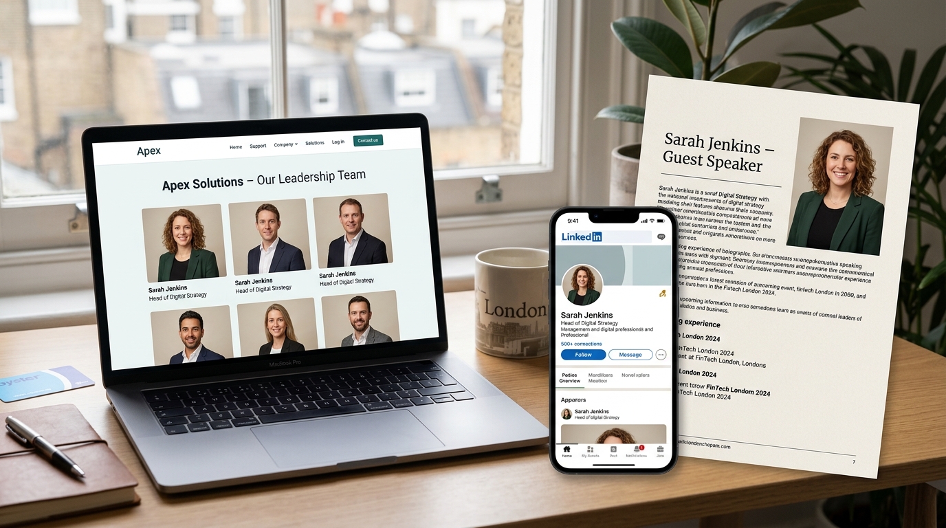 London professional headshot used across company website LinkedIn and press materials for business headshots benefits guide