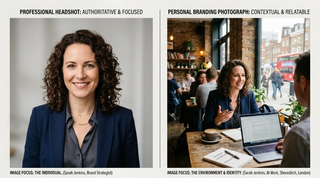 Split composition contrasting professional headshot with personal branding photography for headshots vs personal branding photography guide