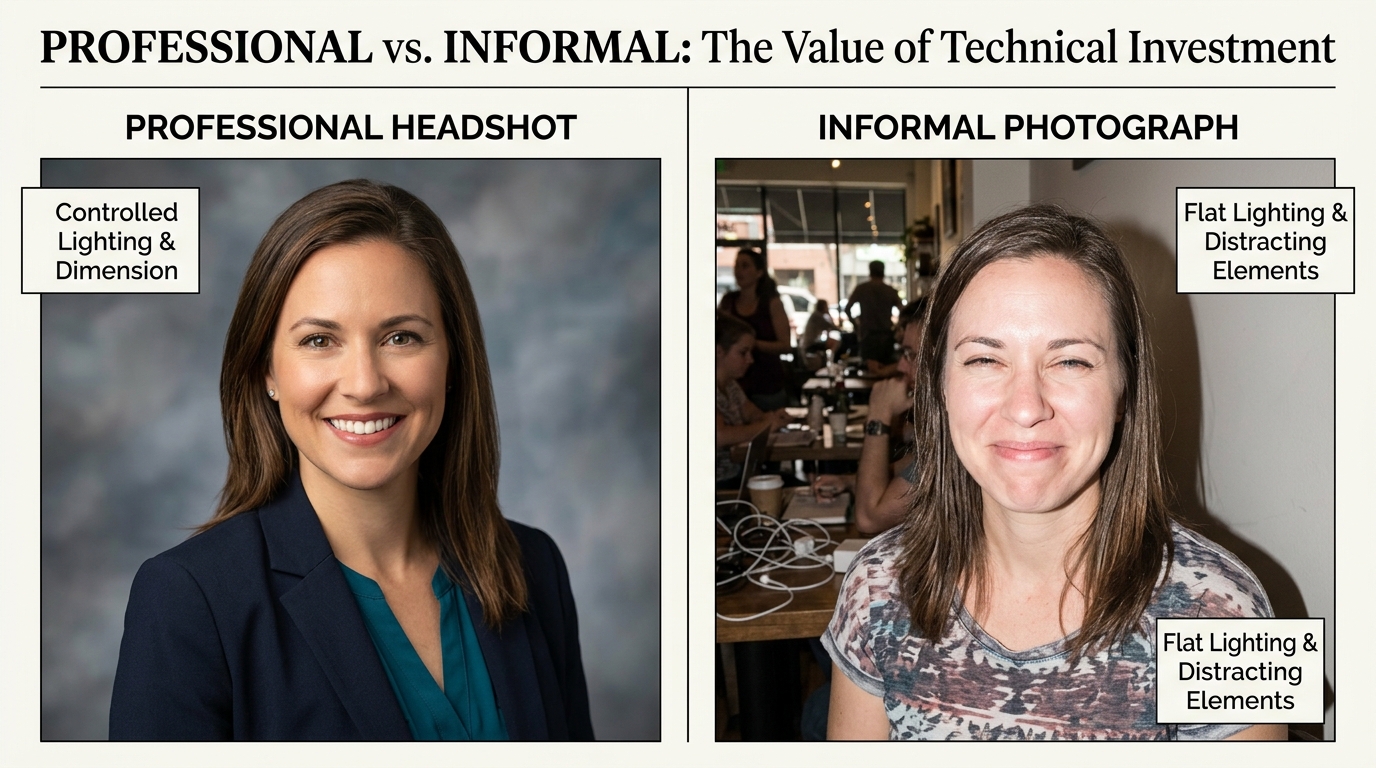 Comparison showing professional headshot technical quality versus informal photograph for why get professional headshot guide