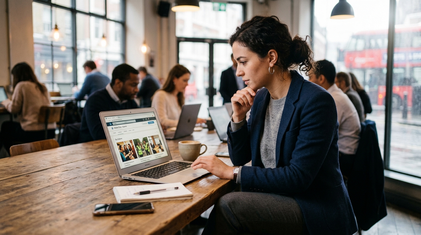  London professional candidate reviewing company LinkedIn profile with event photography for employer brand photography London guide
