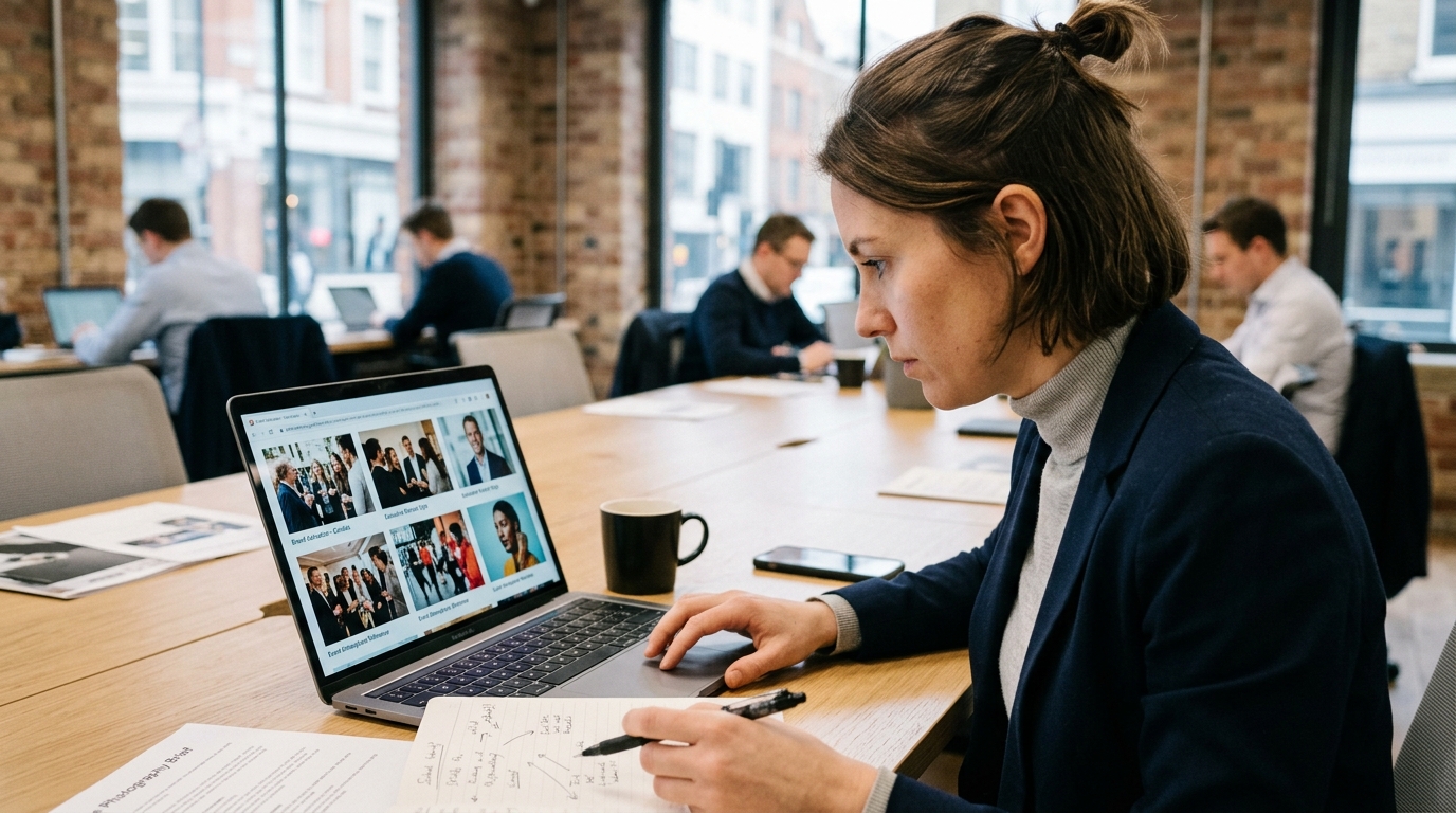 London PR professional reviewing visual references for PR photography brief for PR photography planning guide