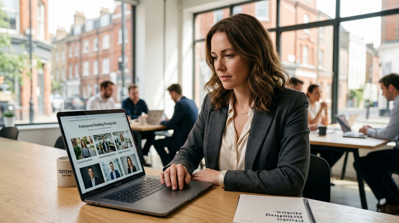 London professional reviewing headshot and personal branding photography options for personal branding photography London guide