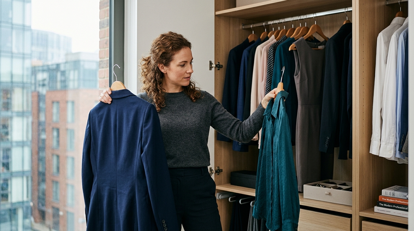 London professional selecting outfit options for corporate headshot session for corporate headshot preparation guide
