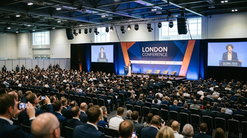 London corporate conference keynote speaker on stage with branded backdrop and full audience for what makes good conference photography guide
