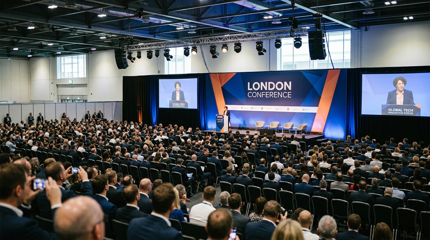 London corporate conference keynote speaker on stage with branded backdrop and full audience for what makes good conference photography guide